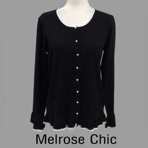 Melrose Chic Cardigan, Flare Cuff & Ruffled Bottom,‎ Black & White, Size L
